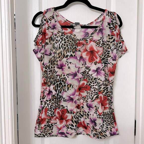 cleek Tops - Cleek Leopard Animal Print Floral Cold Shoulder Blouse 1x